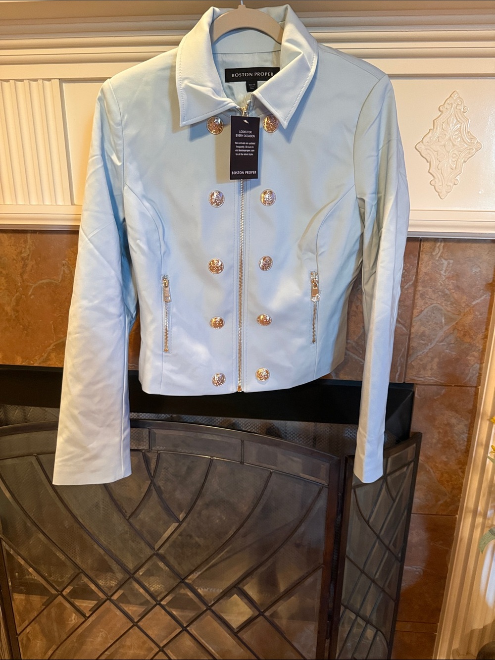 Boston Proper Pale Blue Double-Breasted Blazer with Gold Buttons